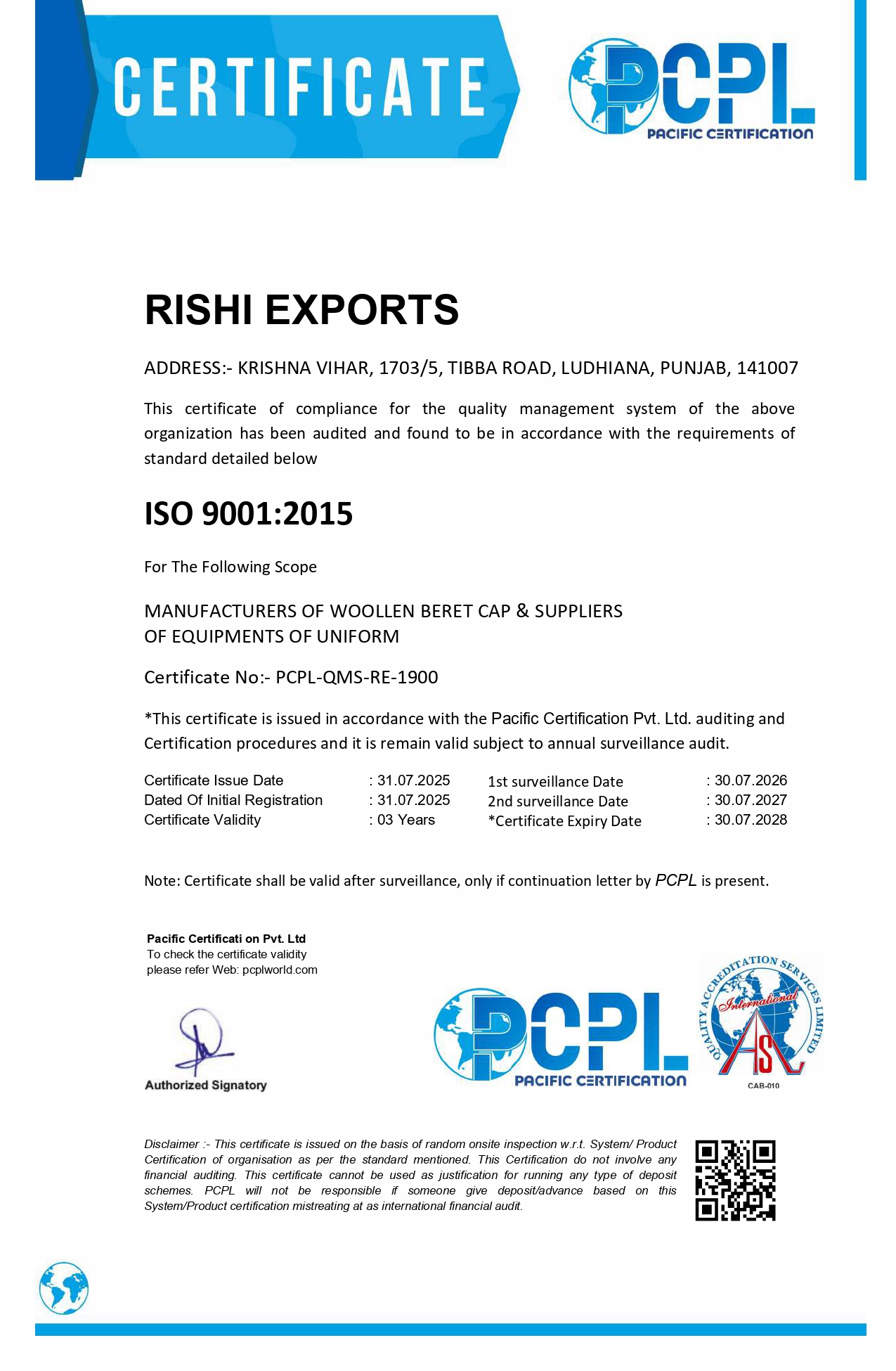 Rishi Exports ISO 9001:2015 Certificate